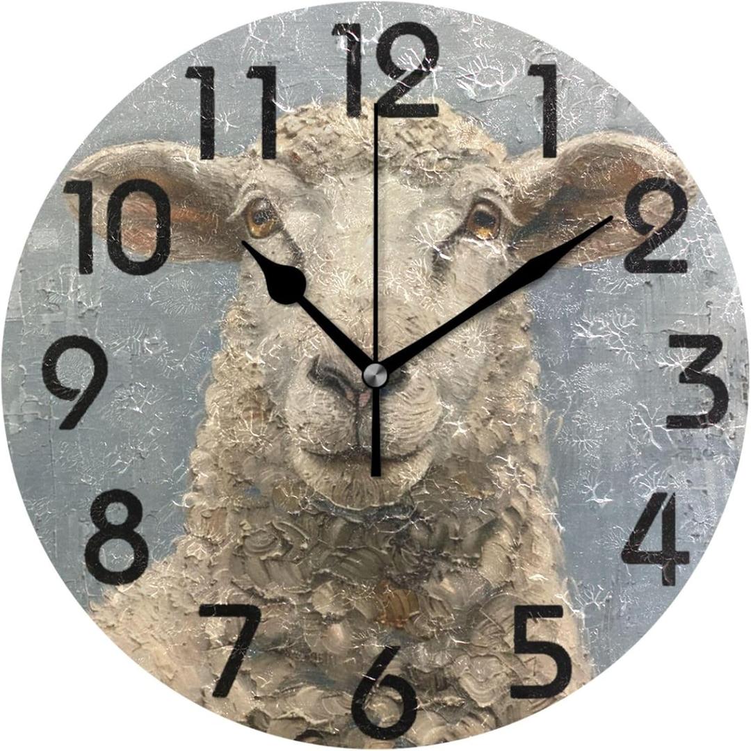 Pretty Farm Lifelike Cute Sheep Painting Round Wall Clock, 10 Inch Analog Quiet Non Ticking Desk Clock for Home Kitchen/Living Room/Bedroom/Bathroom/Office