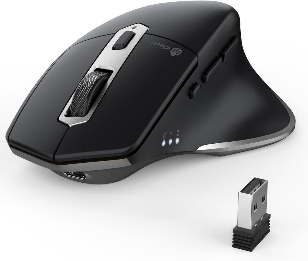 iClever Bluetooth Mouse, Wireless Large Mouse, Multi-Devices Dual Mode, Ergonomic Mice with 5 Adjustable DPI and 7 Buttons, Rechargeable Silent Mice for Laptop, iPad, MacBook, Tablet, PC, Black/Grey