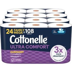 Cottonelle Ultra Comfort Toilet Paper with Cushiony CleaningRipples Texture, Strong Bath Tissue, 24 Family Mega Rolls = 108 Regular Rolls (4 Packs of 6)