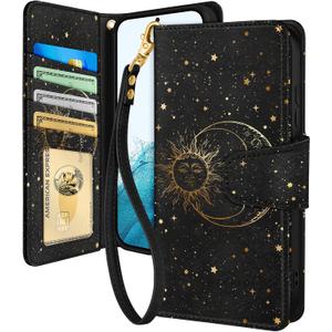 Toycamp for Samsung Galaxy S21 FE Wallet Case with Wrist Strap - Leather Flip Folio Cover with RFID Blocking 4 Card Slots Galaxy S21 FE 5G Cute Aesthetic for Women Lady, Black Sun Moon