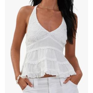 Women Y2K Solid Color Halter Neck Shirt V Neck Ruched Front Lace Trim Backless Crop Tank Top Cute Ruffle Hem Vest, L