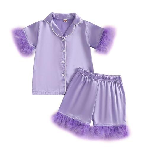 Ayalinggo Toddler Silk Pajamas Baby Kids Girl Satin Summer Pjs Feather Pajamas Short Sleeve Sleepwear Nightgown Shorts Set (Purple, 5-6 Years)