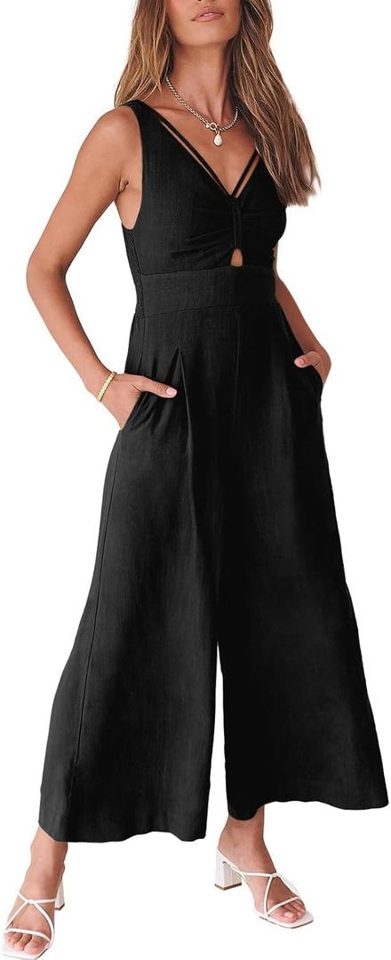 ANRABESS Womens Jumpsuits Summer Linen Wide Leg Sleeveless V Neck Casual Dressy Rompers Pants 2026 Spring Vacation Outfits (Small, Black)