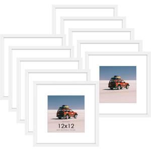 12x12 Picture Frame Sef of 10, Display Pictures 8x8 with Mat or 12 x 12 Without Mat, Photo Frame Collage for Wall Gallery Decor, Wall Mounted, White