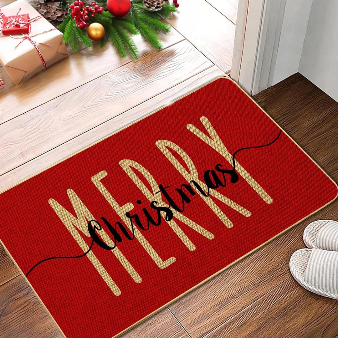 ARTDMT Red Merry Christmas Welcome Decorative Doormat, Winter Seasonal Door Mat Christmas Holiday Low-Profile Floor Switch Mat for Indoor Outdoor 17 x 29 Inch