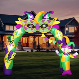 9.3 ft Mardi Gras Inflatable Decoration Mardi Gras Inflatable Arch Blow up with Jester and Mask in LED Lights for Outdoor Carnival Theme Party Yard Garden Lawn Supplies