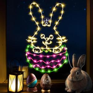 Hiboom 16" Easter Egg Bunny Window Lights, Easter Silhouette Light Decorations with 8 Lighting Modes Remote Control (AAA Battery) for Outdoor Indoor Eastertide Party, USB Plug Powered Lighting Decor