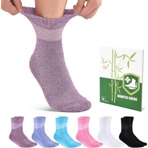 Bamboo Viscose Diabetic Socks for Women, 6 Pairs Non Binding Wide Top, Seamless Loose Cushion Socks for Swollen Feet (Large, Multicolor)