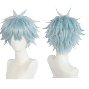 ANOGOL Hair Cap + Light Blue Wig for Men Short Blue Synthetic Hair Cosplay Wig Short Blue Spiky Wig Anime Light Blue Wig for Halloween Party