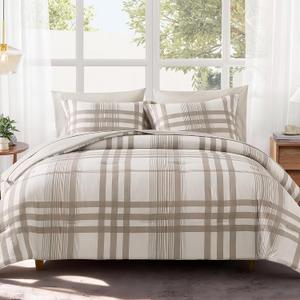 MaiRve Queen Comforter Set Brown Grey, Classic Plaid Farmhouse Bedding Sets 7 Pieces, All Season Lightweight Bed in a Bag with Sheets, Pillowcases & Shams