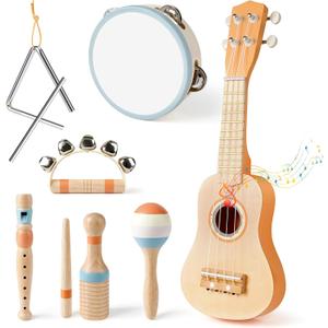 Vanplay Kids Guitar Set - Montessori Toys for 2 3 Year Old Boy Girls Birthday Gifts, 7 in 1 Musical Instruments for Toddlers 2-4, Band Sets with Ukulele/Flute/Tambourine/Maracas Toys for Kids 3-5 ( Wooden Guitar)