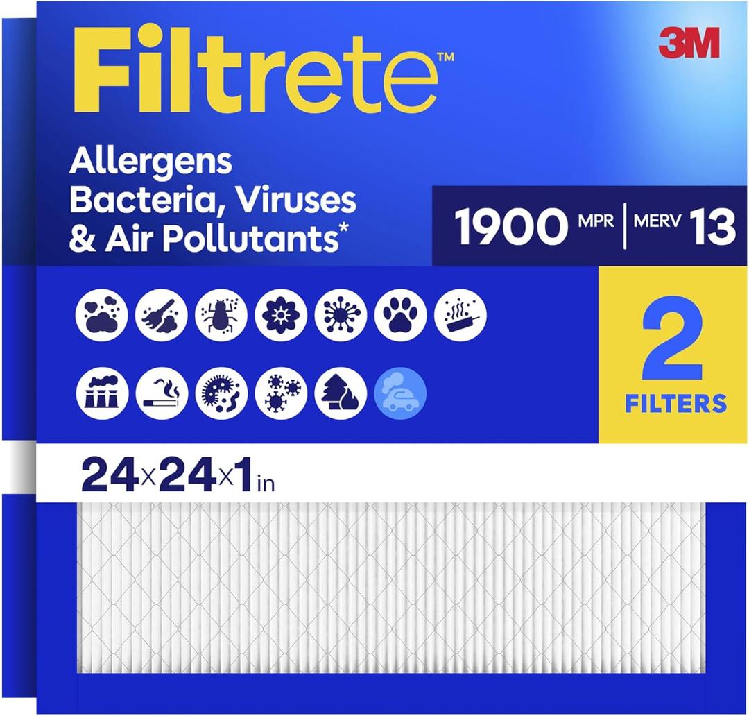 Filtrete 24x24x1 Air Filter, MERV 13 MPR 1900, Allergens, Bacteria, Viruses & Air Pollutants, 3-Month AC/Furnace Filters, Cleaner Air Reliable Airflow, 2 HVAC Filters(Act Size 23.81x23.81x0.78 in)