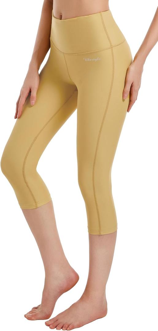 Ubestyle UPF 50+ High Waist Swim Leggings for Women Swim Capris Swim Pant Swim Tights Beach Pants Sun Protective (Large, Yellow)