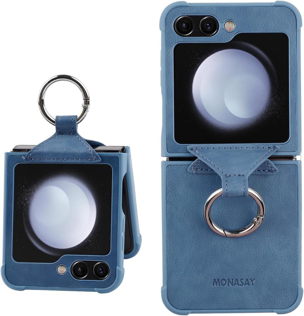 MONASAY Phone Case Compatible for Galaxy Z Flip 5,[Screen Protector Included] Leather Cell Phone Cover with Ring Compatible for Samsung Galaxy Z Flip 5, Light Blue
