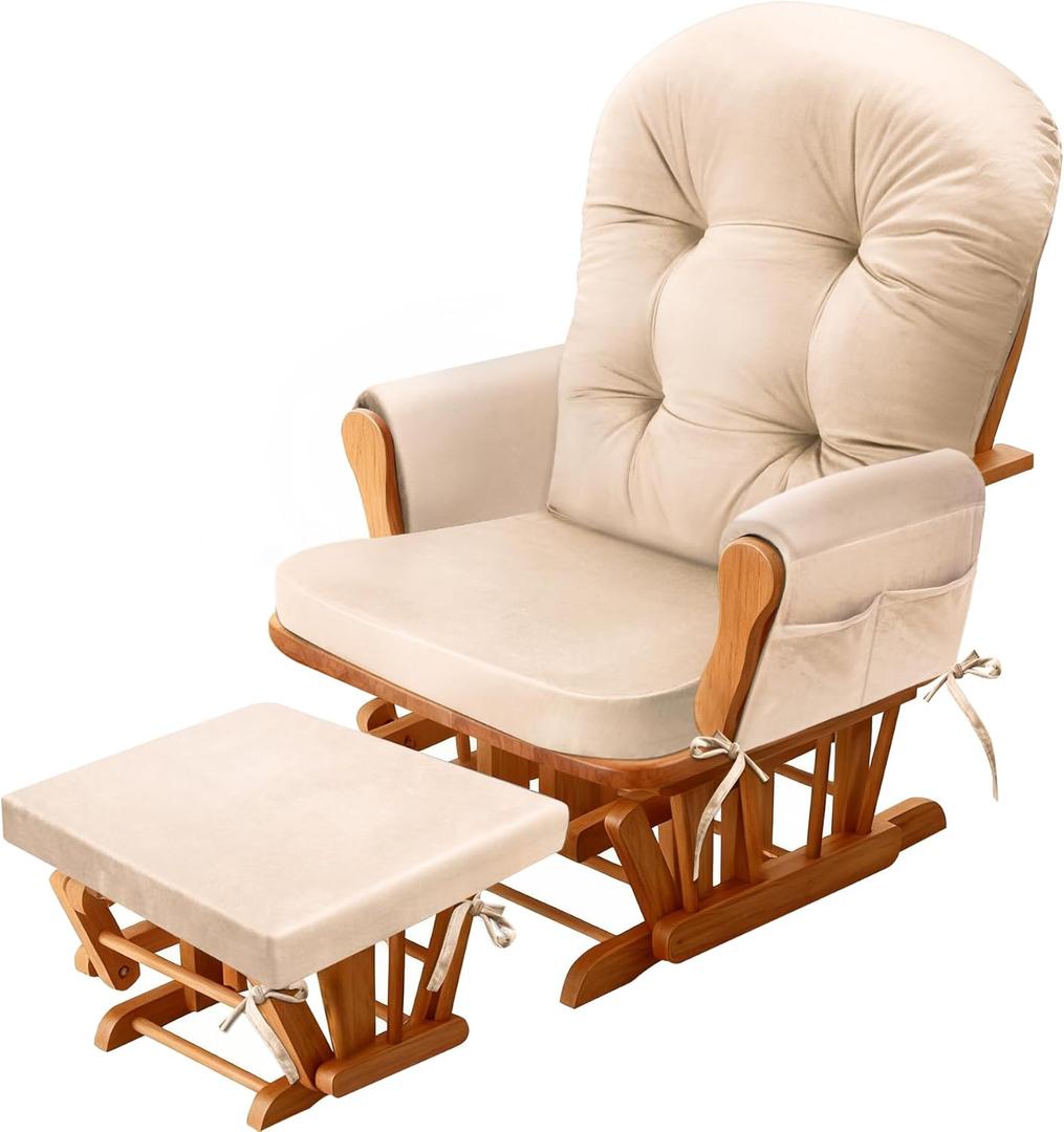 Glider Rocker Replacement Cushion Set with Storage Pockets Soft Flannel Fabric & High-Resilience Foam Non-Slip Back Rocking Chair Cushion for Living Room Rocking Chair(Beige)