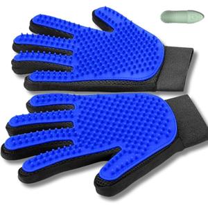 Pet Grooming Gloves for Dogs, Cats & Horses  2-in-1 Deshedding & Massage Mitt  Soft Silicone Tips  Left & Right Hand Set + Bonus Detail Tool