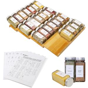 Spice Drawer Organizer with 28 Spice Jars and 216 Labels,Non-slip Rubber, Bamboo 4 Tier Spice Racks Tray Seasoning Containers for Kitchen Drawers,Cabinets,Countertops,13" Wide * 15.8" Deep