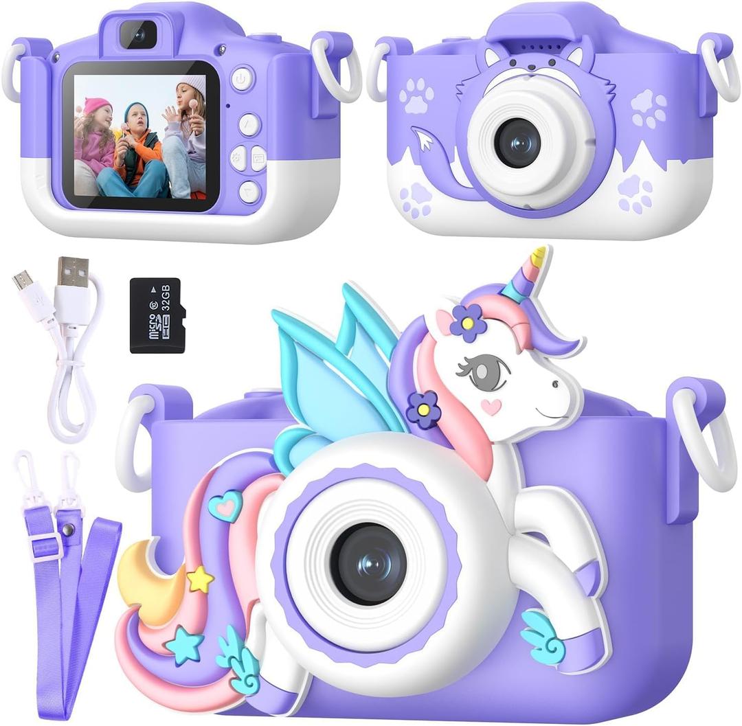 Kids Camera for 3-12 Year Olds | HD Dual Lens Camera with 32GB Memory Card, 2 Shockproof Silicone Cases, Educational Games, MP3 Player, Video Recorder & Fun Filters | Gift for Boys Girls (Purple Unicorn)