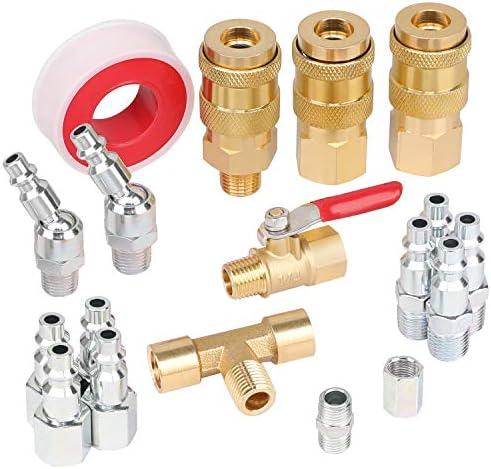 Hromee 18 Pieces Air Coupler and Plug Kit, 1/4-Inch NPT Air Hose Fittings and Compressor Accessories with Universal Quick Coupler, Brass Ball Valve, Swivel Air Plug and Tee Pipe Fitting
