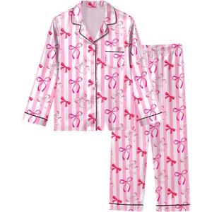 Sylfairy Girls Pajamas Silk PJS Set Satin Sleepwear Long Sleeve Jammies for Kids Button-Down Nightwear Loungewear 8Y (Pink)