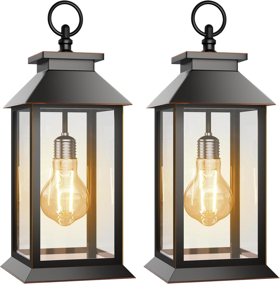 2 Pack Hanging Solar Lanterns Glass Solar Lights Outdoor Waterproof Upgraded Solar and AAA Battery Powered, for Outside Porch, Patio and Indoor Tables, Mantelpiece