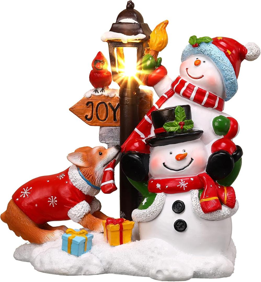 Wonderjune Christmas Snowman Table Decoration Lighted Snowman Figurine with Lamppost Lantern Tabletop Resin Collectibles Batteries Operated Xmas Statues Centerpiece Festive Gift Indoor Home