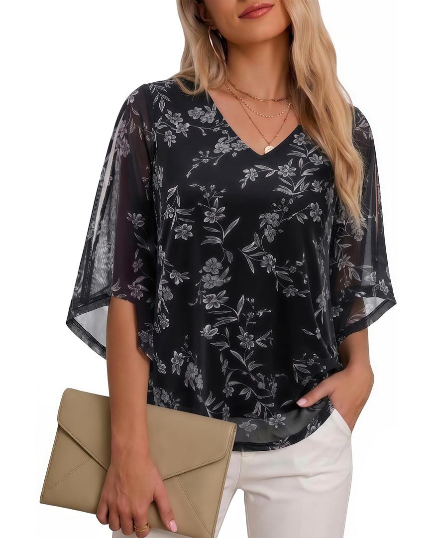 Uhiger Chiffon Blouses for Women Floral Tops for Women Bringing 3/4 Sleeve V Neck Summer Flowing Elegance During Afternoon Tea Daily Casual Leisure 2XL
