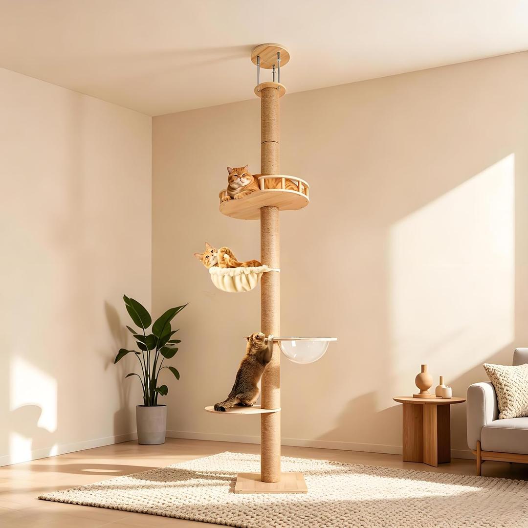 4-Level Floor-to-Ceiling Cat Tree Height Adjustable (55-115in) | Space-Saving Tall Cat Tower with Scratching Posts, Jump Platforms, Hammock | Heavy Duty Cat Activity Center for Indoor Cats