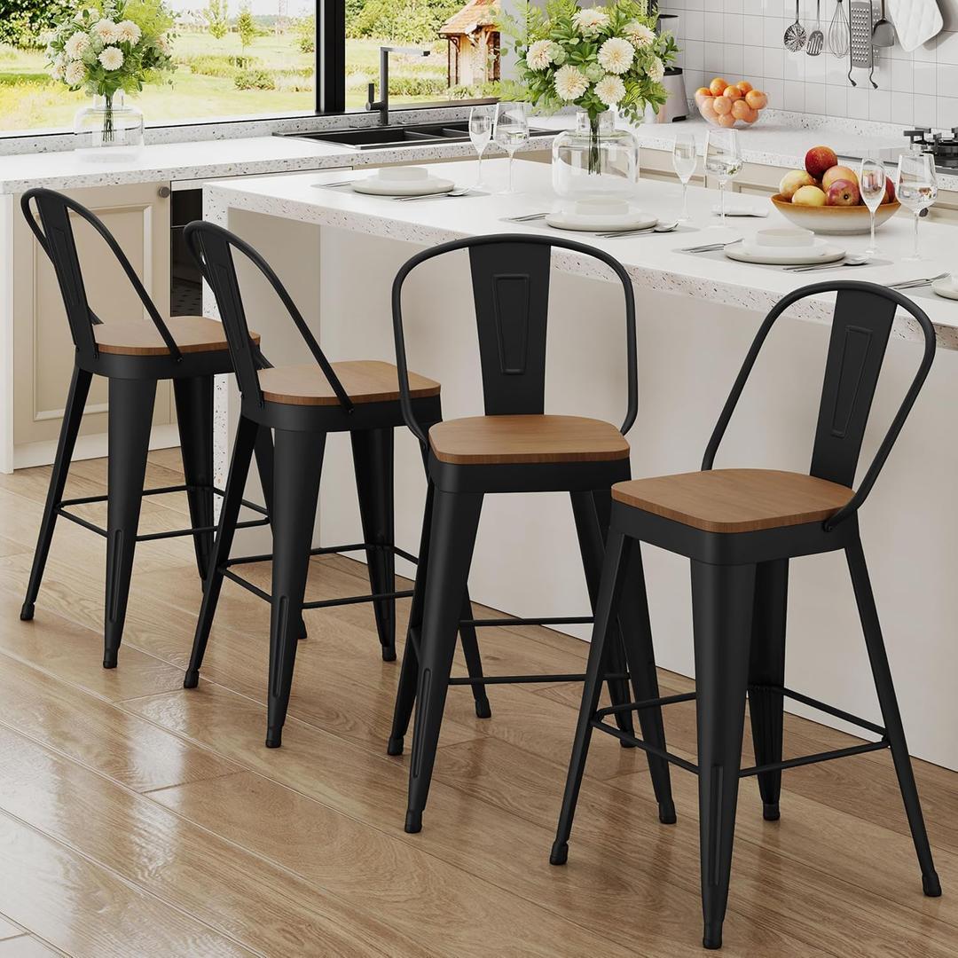 Andeworld Metal Bar Stools Set of 4, 30 inch Bar Height Barstools with Backs Farmhouse Modern High Back Bar Stools with Larger Seat Kitchen Dining Bar Chairs,Matte Black