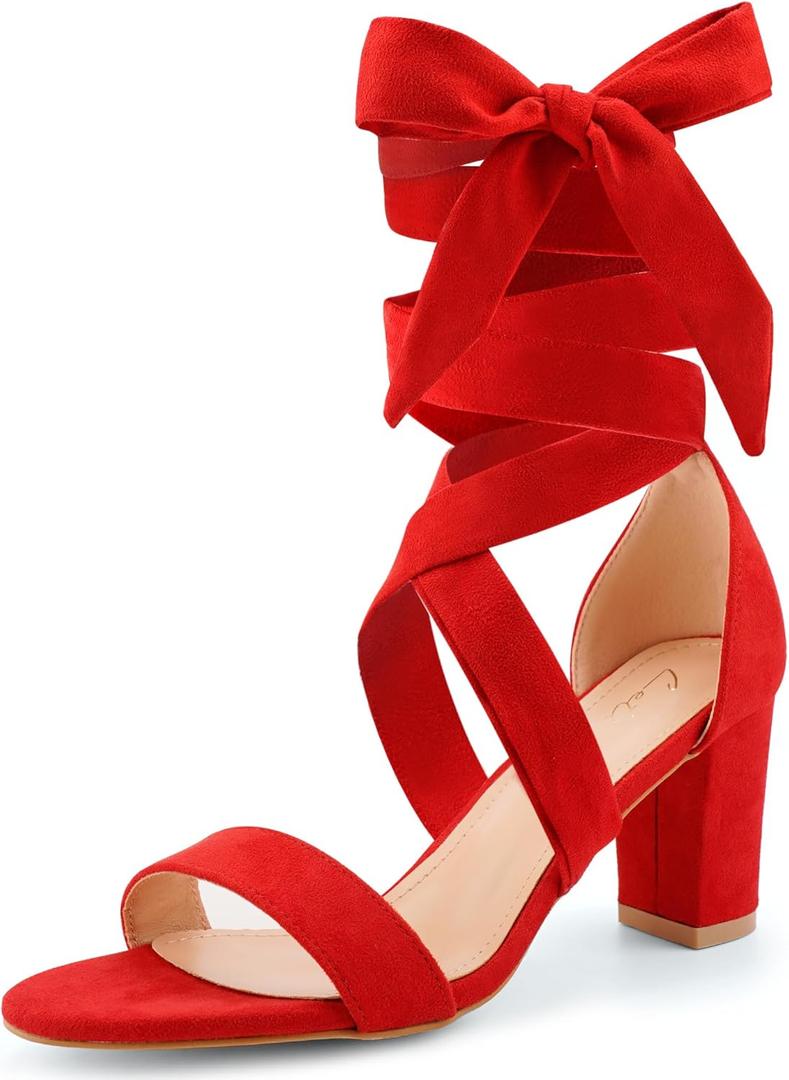 Leticia Strappy Heels for Women Chunky Heel Sexy Open Toe Lace Up Block Heels Comfortable High Heeled Sandals for Women Dressy Summer (10, Red)