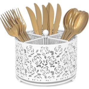 DysanVica 360 Rotating Metal Silverware Caddy - 4 Compartment Utensil Cutlery Holder Fork Spoon Napkin Organizer Flatware Storage Basket Party Countertop Buffet Picnic Camping Outdoor (White)