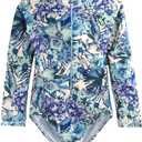 HOOBABE Big Girls Rash Guard Long Sleeve One Piece Swimsuits Zipper Bathing Suits UPF 50+ Yellow Floral Pattern 9T