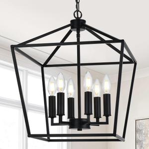 MELUCEE 6-Light Black Farmhouse Chandelier 16 Inches Cage Hanging Lights Rustic Lantern Pendant Lighting for Kitchen Island Dining Room Foyer Hallway, E12 Base
