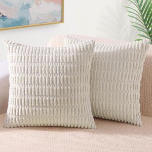 decorUhome Cream White Neutral Decorative Throw Pillow Covers 18x18 Inch Set of 2, Boho Soft Corduroy Striped Square Pillow Covers Modern Twill Pillow Covers for Couch Bed Sofa Living Room