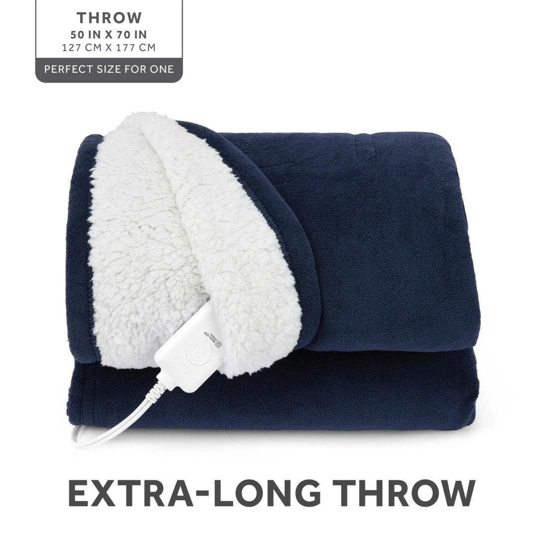 Sunbeam Electric Heated Throw Blanket Navy Microplush Faux Shearling 4 Heat Settings 50x70