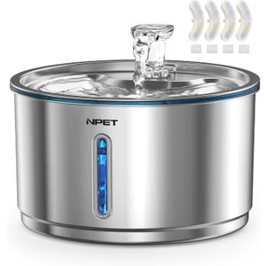NPET Stainless Steel Cat Water Fountain, 1Gallon/135oz Automatic Pet Drinking Fountain Dog Water Dispenser with 4 Replacement Filters for Cats Indoor