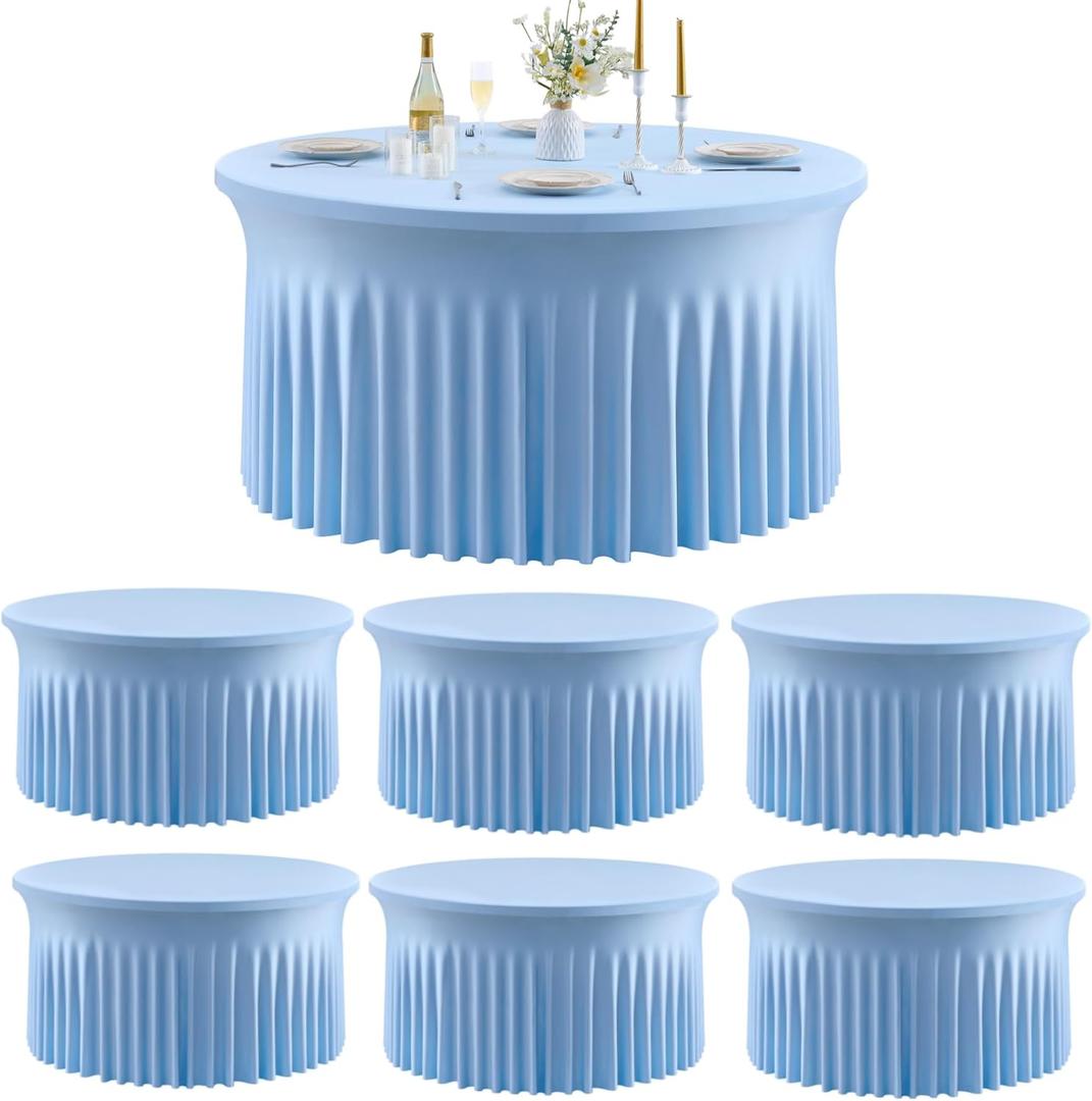 Outpain Baby Blue Spandex Round Tablecloths for 72 inch Tables, Stretchy 132 inch Fitted 6FT Round Table Cloth with Wrinkle Free Skirt for Wedding Parties & Banquets