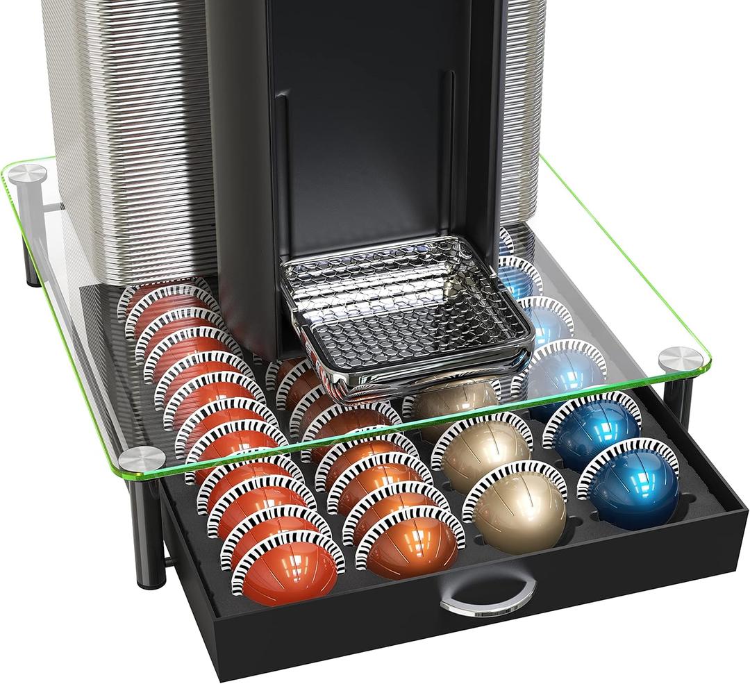 DecoBrothers Crystal Tempered Glass Vertuo Pod Holder Drawer, 24 Large or 48 Small Nespresso Capsule Organizer (48 pcs Capacity, Black)