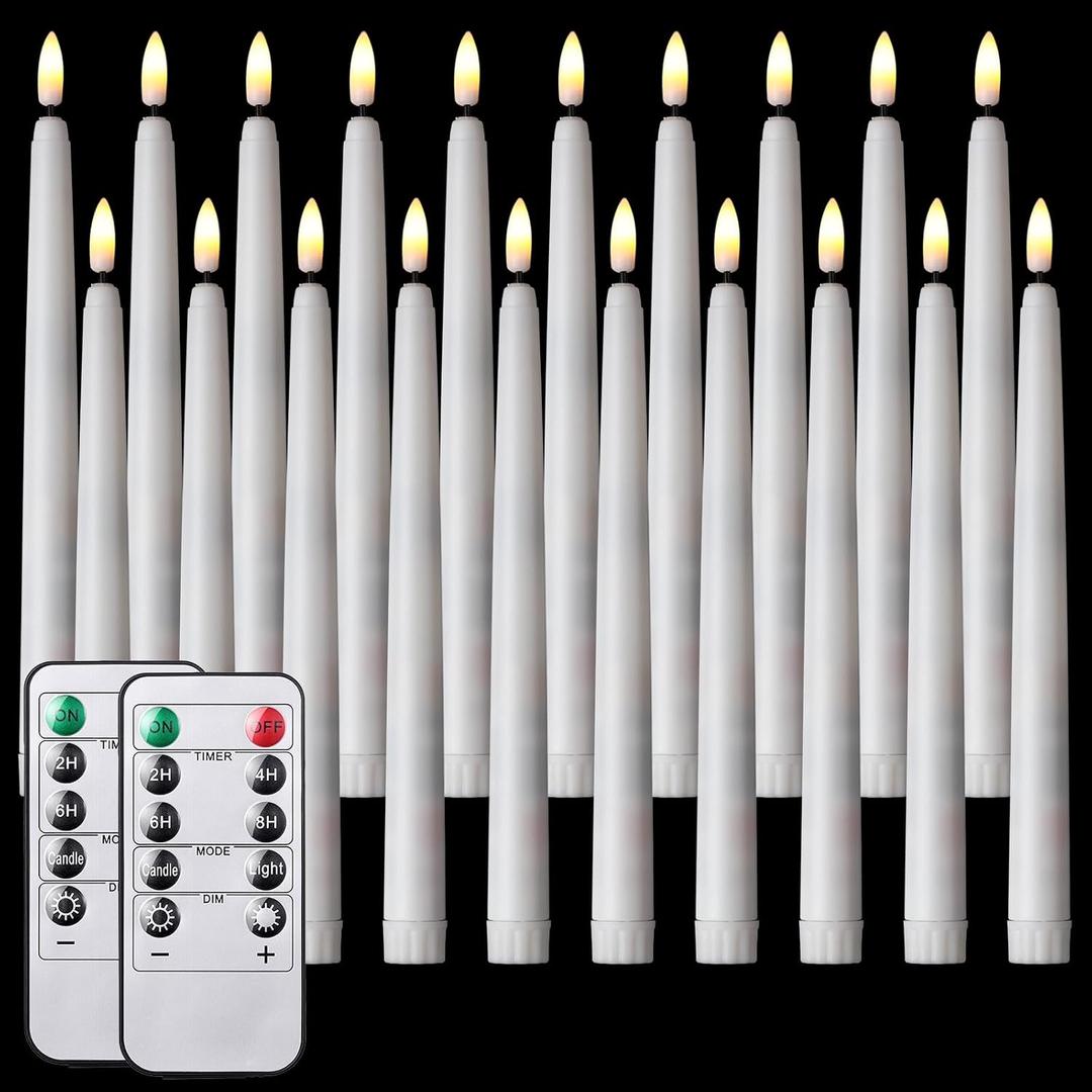 Tuanse 20 Pcs Flickering Flameless Taper Candles Bulk LED Battery Operated Realistic Flame Effect with Remote & Timer Safe No Fire Wax Drip Candles for Wedding Church Home Decor (9.65", White)