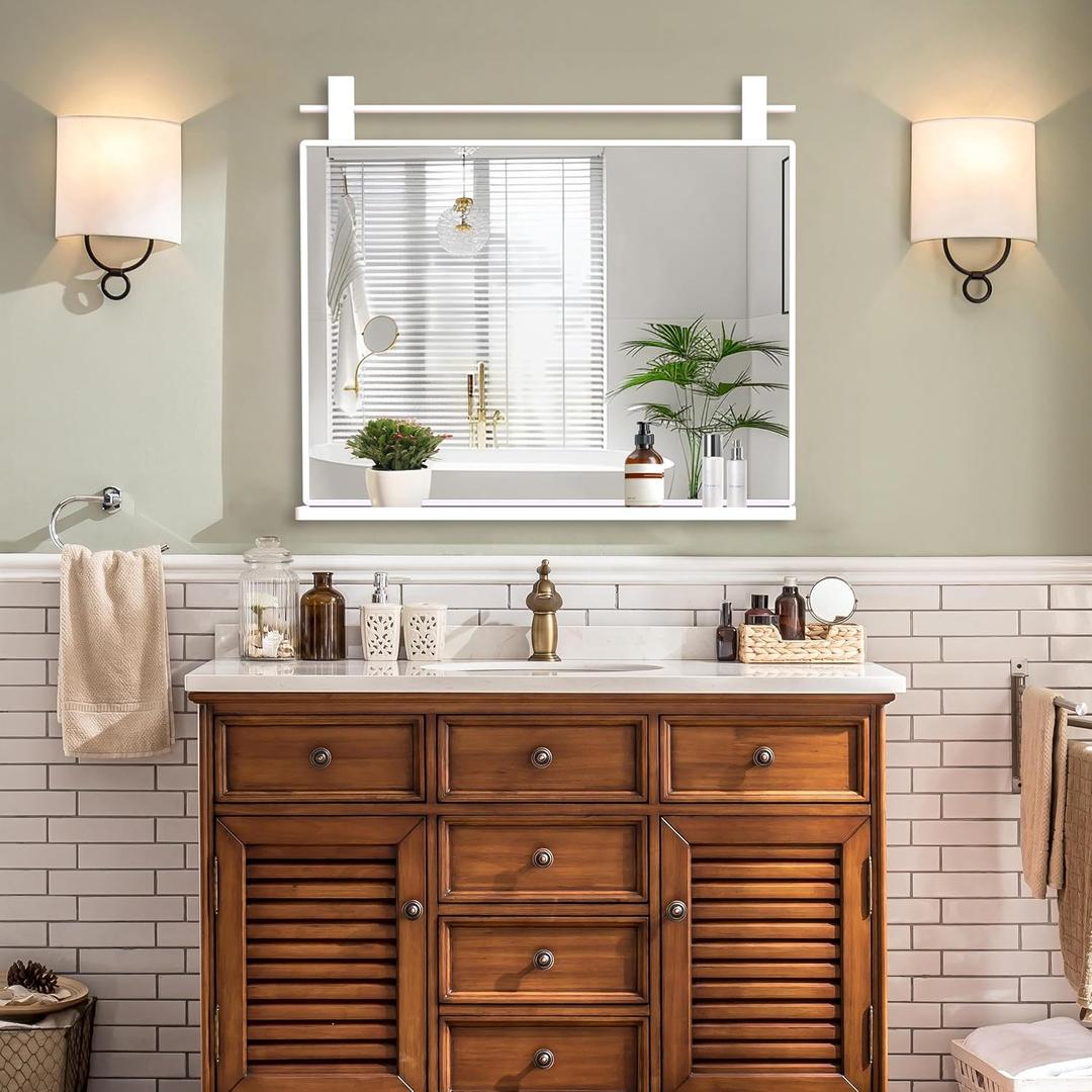 ANYHI White Bathroom Mirror for Over Sink, Large Farmhouse Mirror with Shelf for Bathroom Hallway and Bedroom, Vintage Decor, 32"x 28"