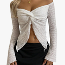 MakeMeChic Women's Off The Shoulder Textured Tee Shirt Bell Sleeve Lettuce Trim Going Out Crop Tops, No Size