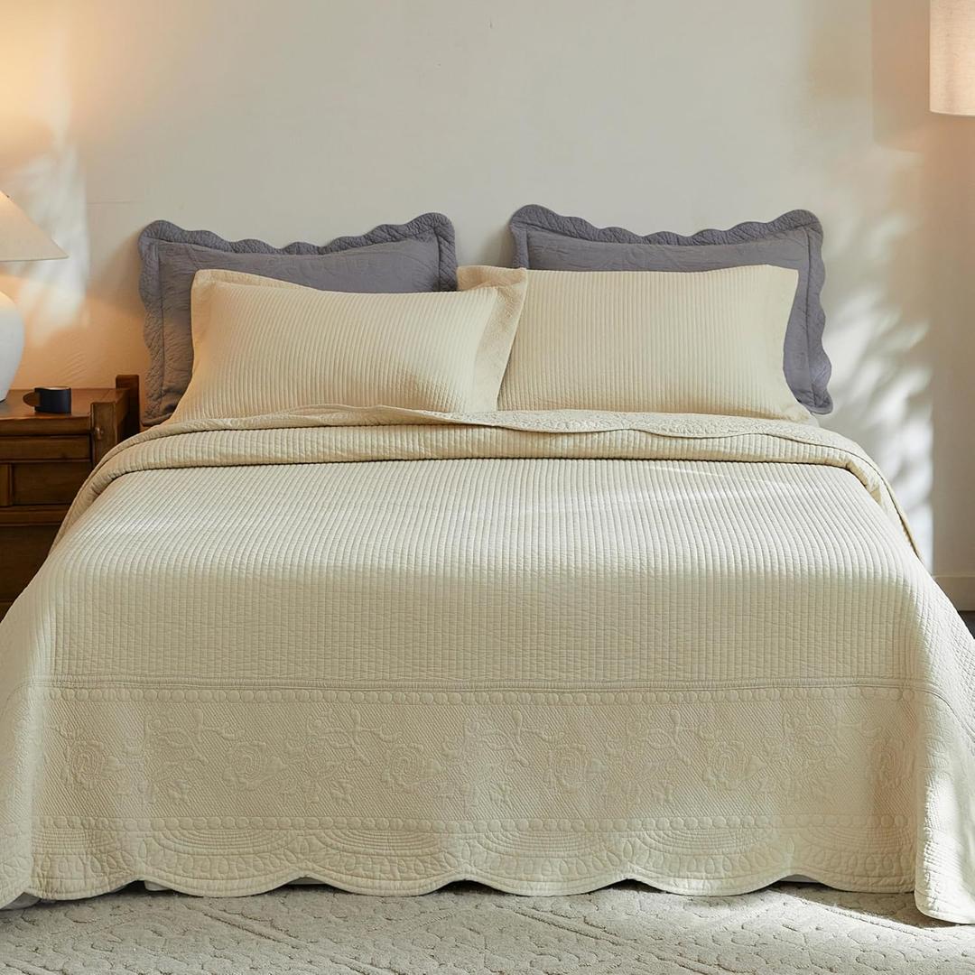 MarCielo 3-Piece 100% Cotton Oversized Bedspread Lightweight Quilt Coverlet Embroidery Farmhouse Bedding Set (TG Khaki Beige, Queen (100"x106"))