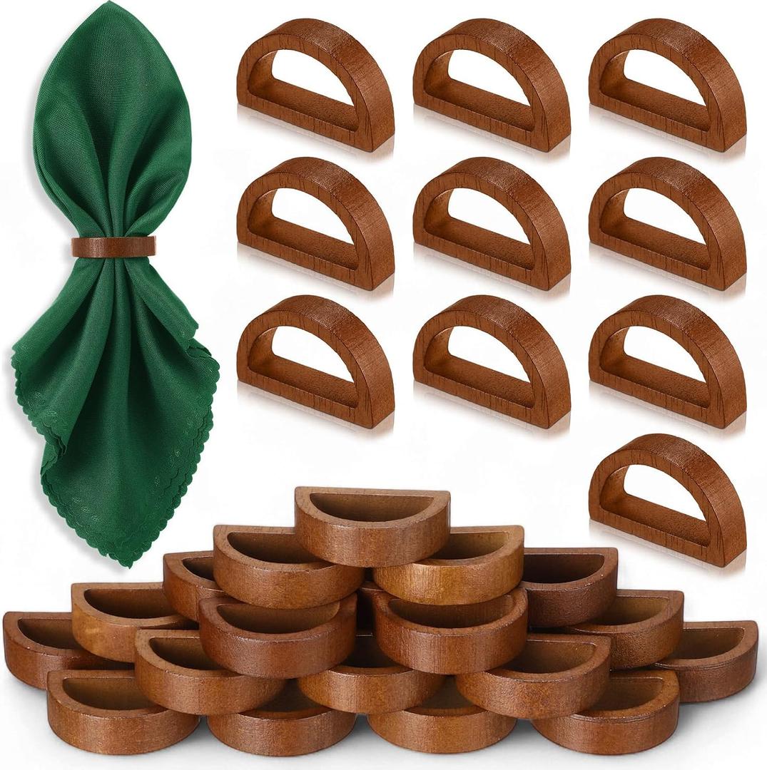 Remerry 24 Pcs Wooden Napkin Rings Handmade Dining Napkin Holder Buckles Farmhouse Semicircle Serviette Ring for Xmas Gathering Everyday Use Harvest Wedding Table Setting (Wood Color)