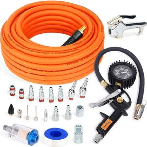 22 Pieces Air Compressor Accessories kit, 3/8 inch x 50 ft Hybrid Air Hose Kit, 1/4" NPT Quick Connect Air Fittings, Tire Inflator Gauge, Blow Gun, Air Filter, Swivel Plugs