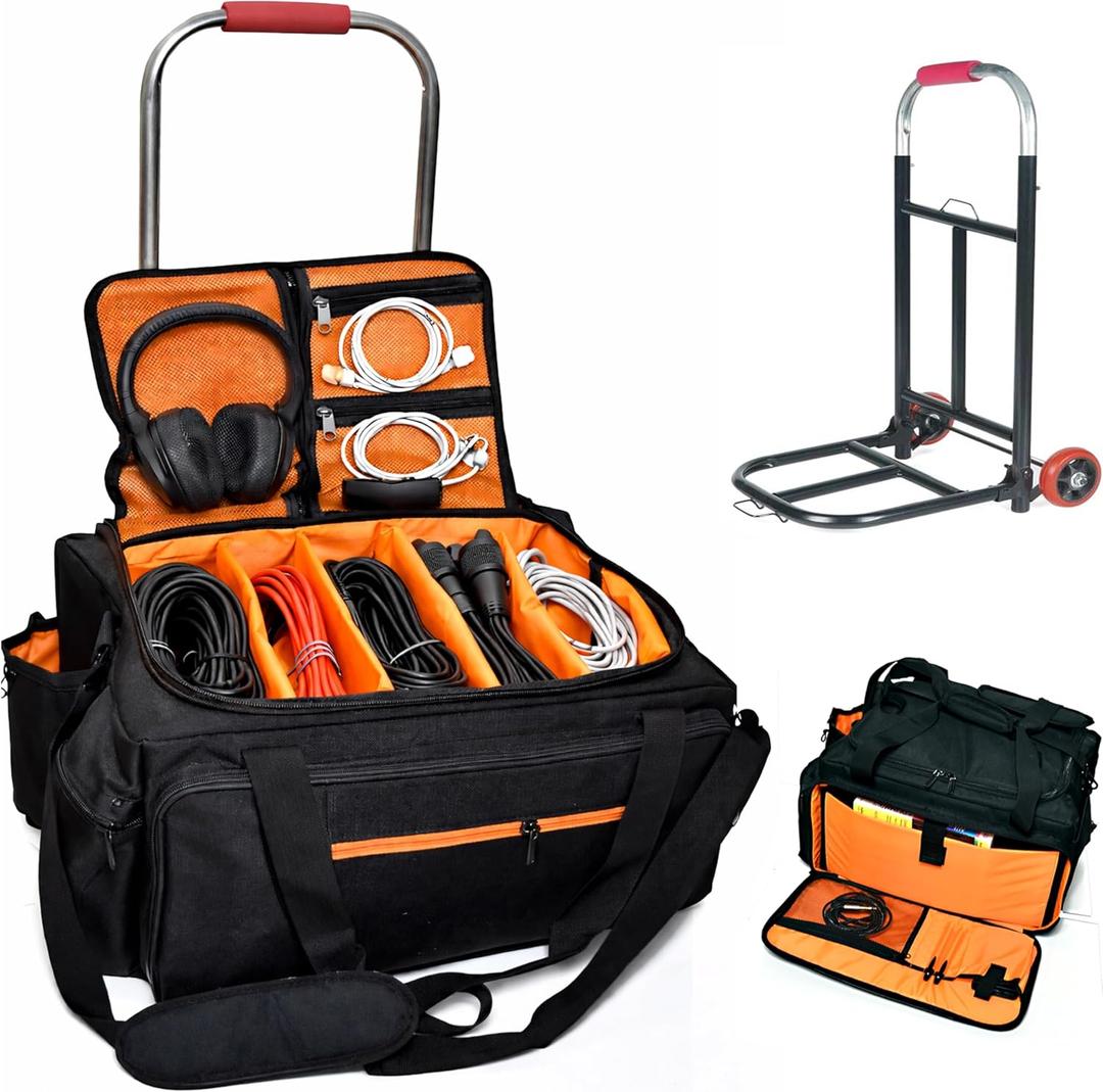 Rolling DJ Cable Bag with Hard Padded Bottom & Detachable Dividers  Trolley Travel Gig Bag for DJ Gear & Accessories