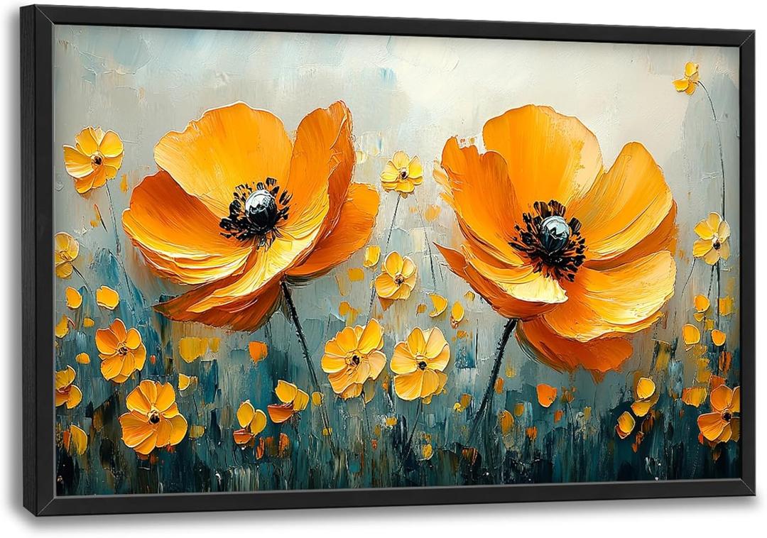 Large Poppy Flowers Wall Art for Living Room, Floral Canvas Oversized Wall Decor Aesthetics Modern Framed Pictures Painting Print Artwork for Bedroom Office 36" L x 24" W