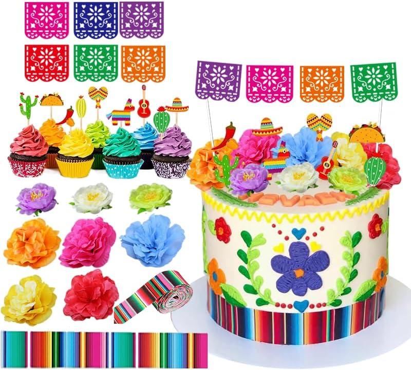 DiDida Mexican Fiesta Cake Topper Mini Mexican Papel Picado Banner Mexican Serape Ribbon and Flower for Mexican Themed Party Decorations