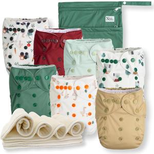 Nora's Nursery Cloth Diapers 7 Pack with 7 Inserts & 1 Wet Bag - Waterproof Cover, Washable, Reusable & One Size Adjustable Pocket Diapers for Newborns and Toddlers - On The Farm