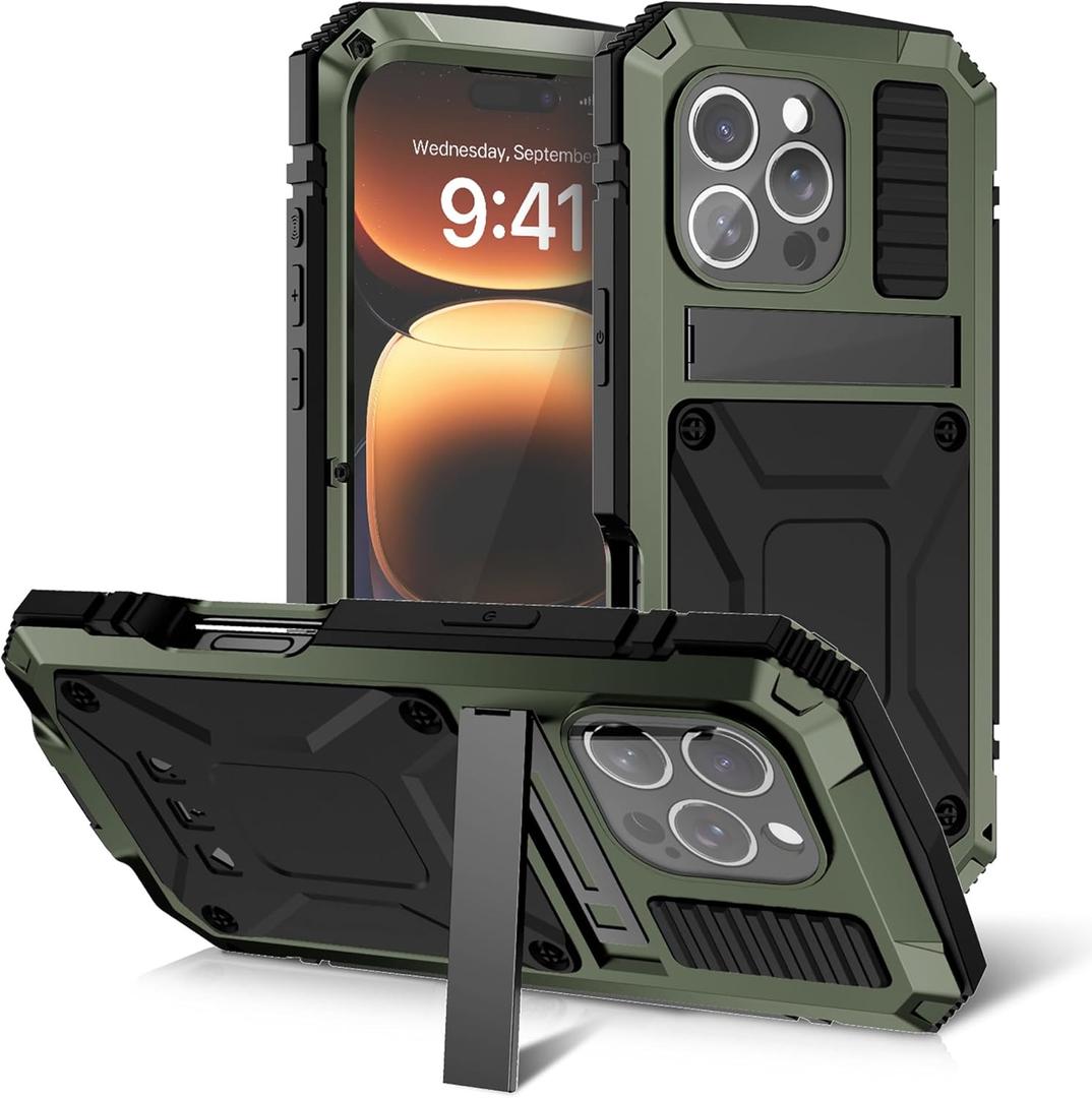 Metal Case for iPhone 16 Pro Aluminum Military Grade Rugged Case with Metal Stand Screen Protector Drop Tested Shockproof Dustproof Full Cover case for Man (Green)