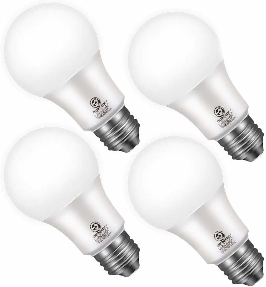 Energetic 4-Pack Dusk to Dawn LED Outdoor Light Bulb, 60 Watt Equivalent(6W), 800LM, Warm White 3000K, E26 Base, Automatic On/Off Sensor Light Bulb for Porch, Hallway, Garage, ETL Listed